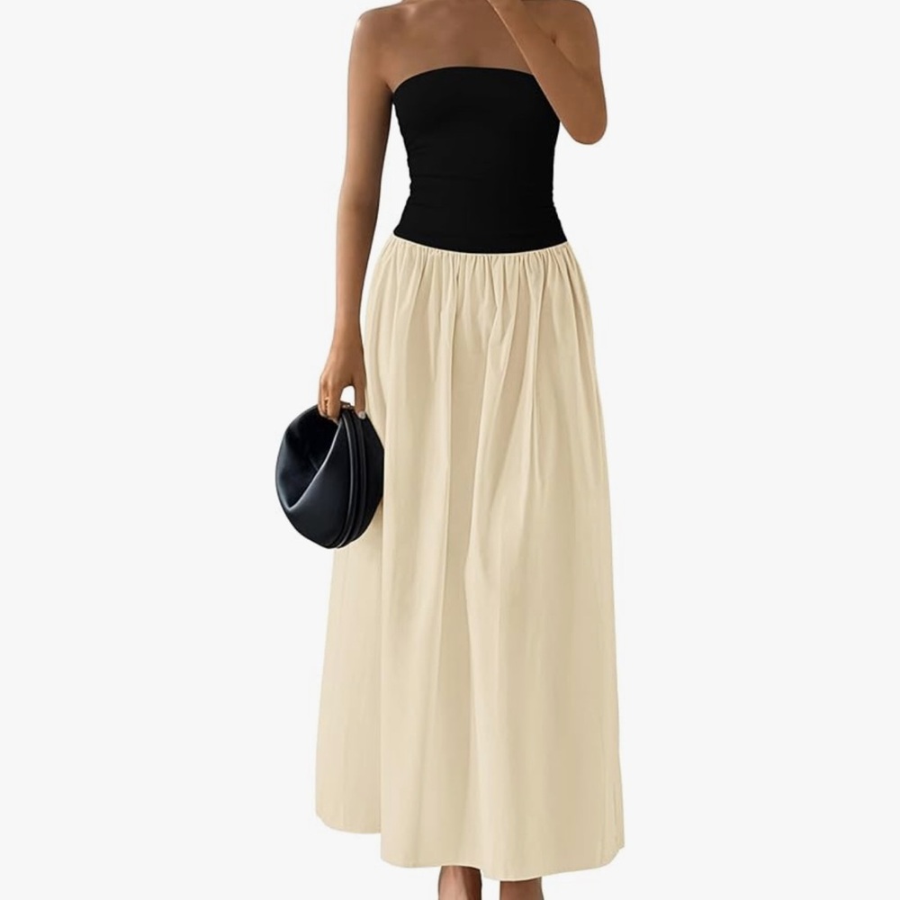 Elegant Black and Cream Strapless Maxi Dress